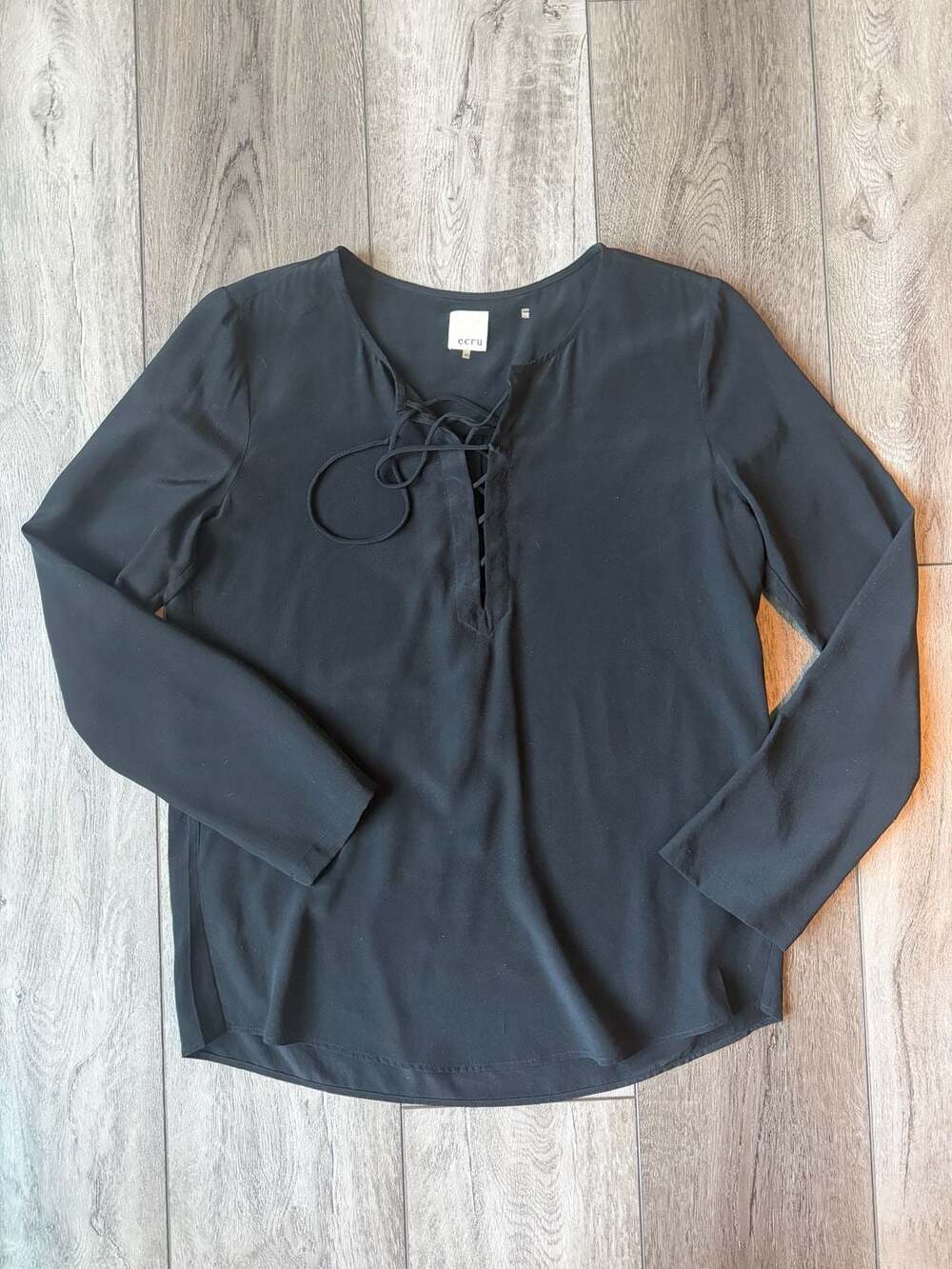Ecru Silk Lace Up Blouse Size XS Black Long Sleeve Top